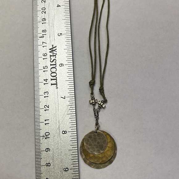 Sterling silver and brass metal pendant on olive green two-strand cord n… - Picture 5 of 5